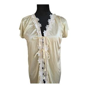 VTG 80s Robe cream/soft yellow‎ floral embroidered trim aplique size s/m
